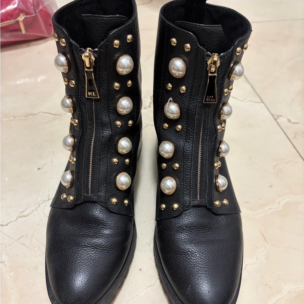 Karl lagerfeld Black Pearl-Studded Ankle Boots